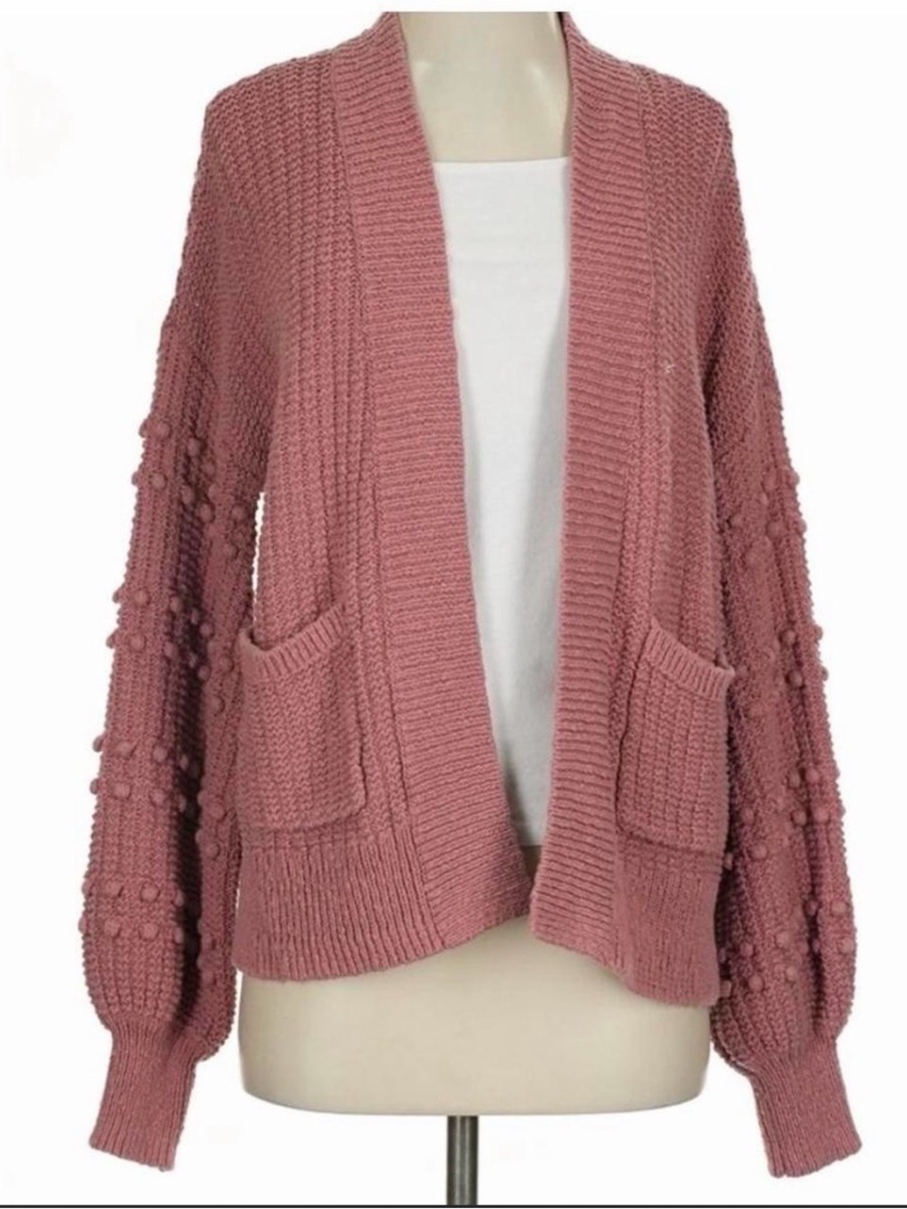 Madewell Dusty Rose Pom-Pom Sleeve Open-Front Cardigan